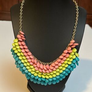 Source Unknown Coral, Lime & Teal Layered Teardrop Bib Necklace